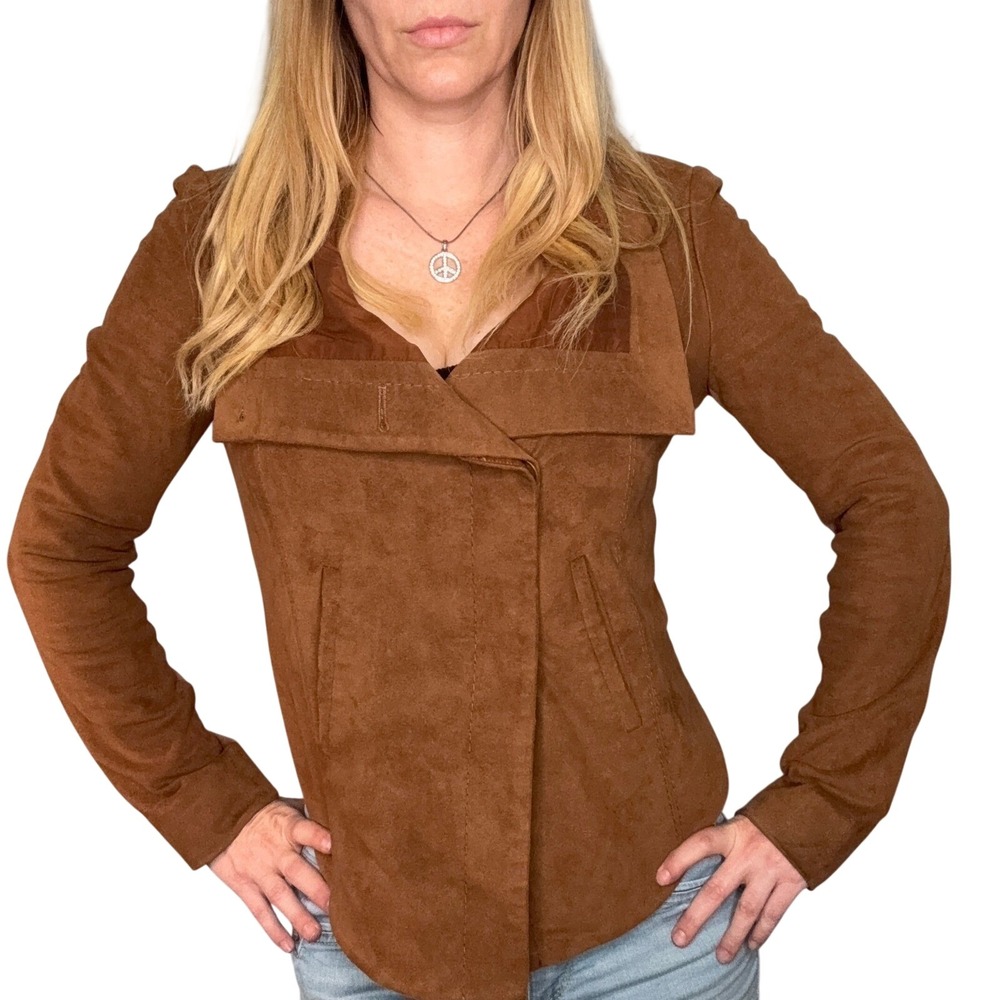 BCBG MAZAZRIA Suede Feel Cropped Jacket Brown Fall Collared with Pockets